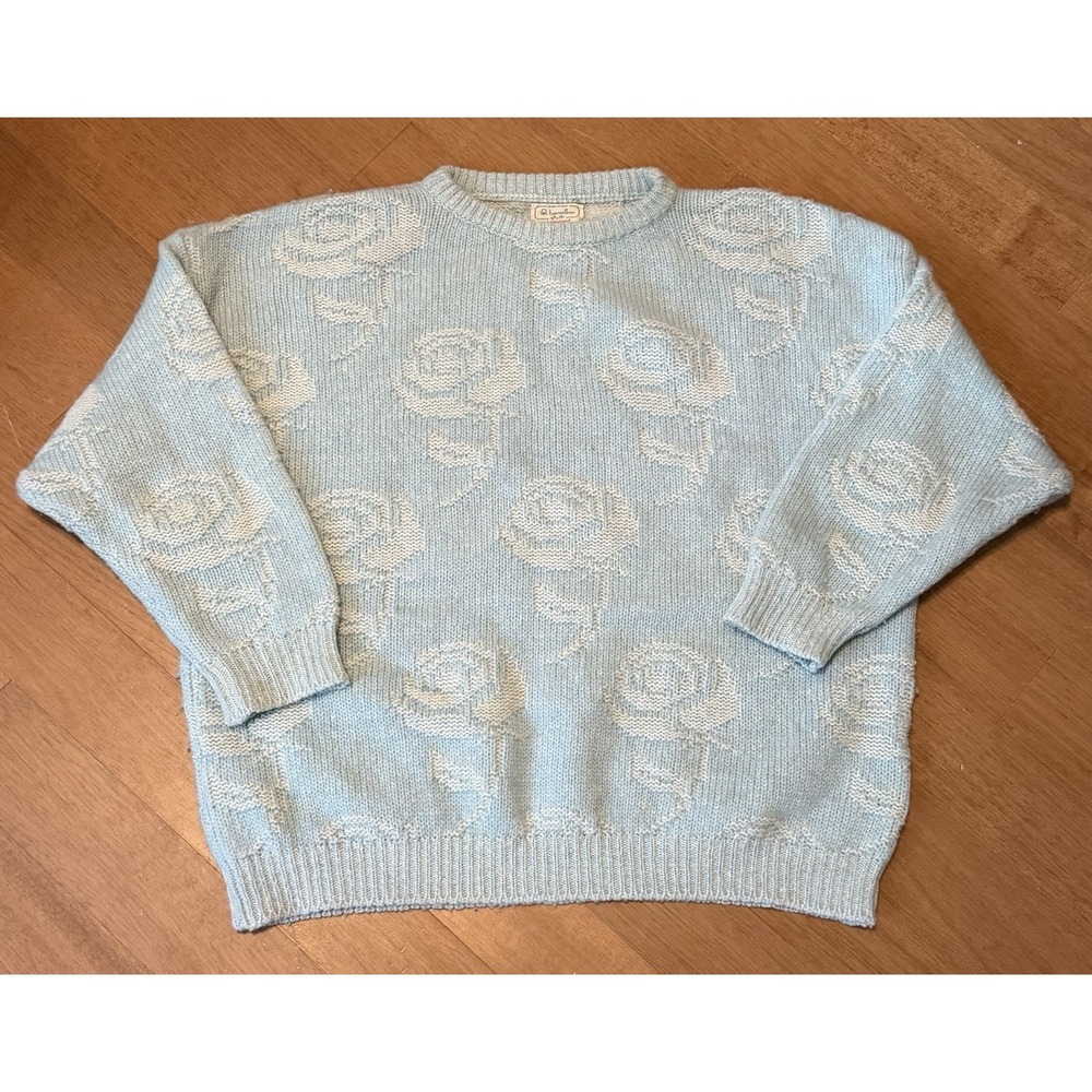 Vintage Benetton Sweater Womens M Shetland Wool Floral Blue Roses Boho EUC VTG